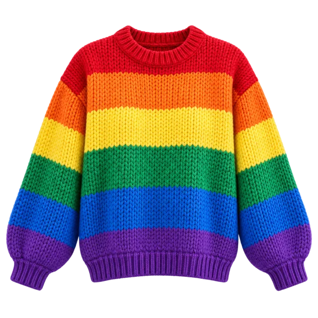 Chunky rainbow-striped sweater with a red crewneck and purple hem