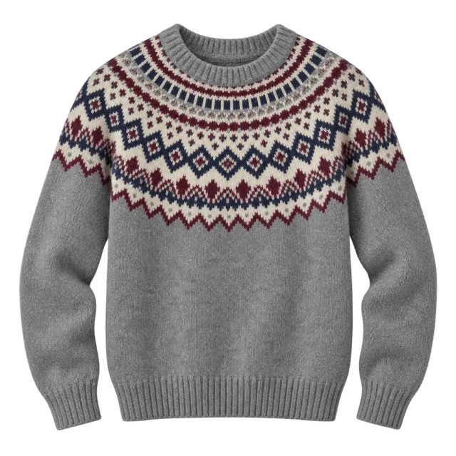 Grey sweater with a multicolored Fair Isle-style patterned yoke