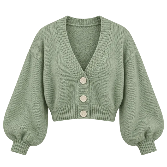 Sage green cropped cardigan with a V-neck, pale buttons and full sleeves