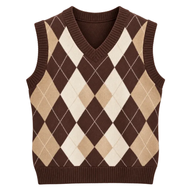 Brown V-neck sweater vest with a cream and tan argyle pattern