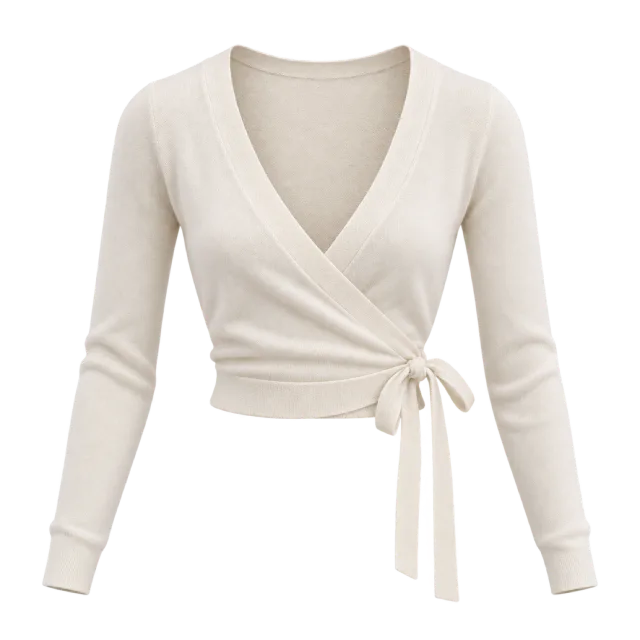 Cream wrap cardigan with long sleeves and a side waist tie