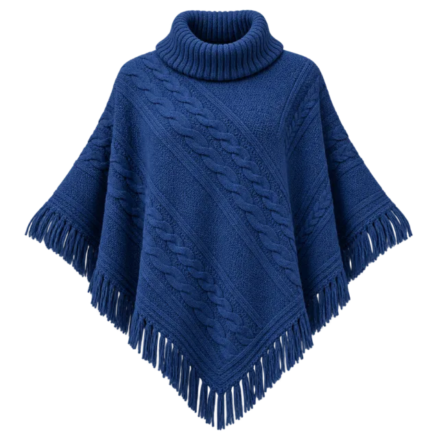 Blue knit poncho with a roll neck and fringed hem