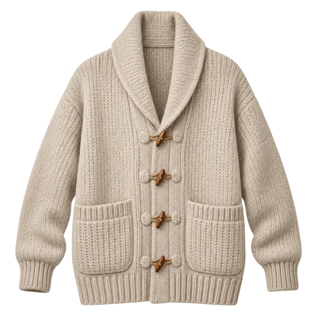 Tan shawl-collar cardigan with toggle fastenings and patch pockets