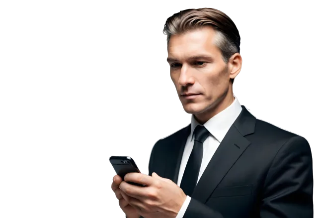Man in a dark suit and tie holding a smartphone in front of him on a transparent background
