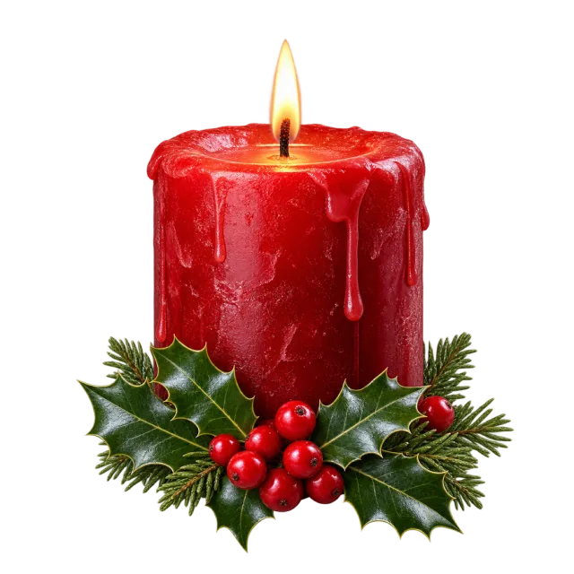 A lit red pillar candle with melting wax and holly leaves around its base