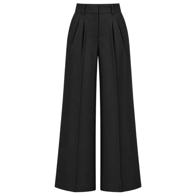 Black tailored trousers with pleats and wide straight legs