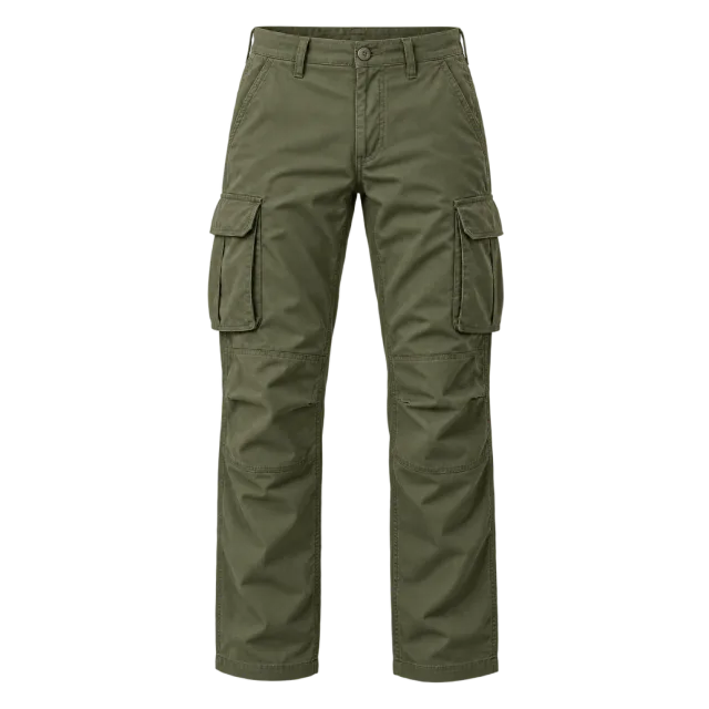 Olive cargo trousers with large side pockets and belt loops