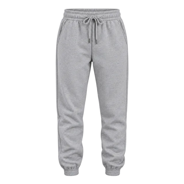 Grey joggers with a drawstring waistband and gathered ankle cuffs