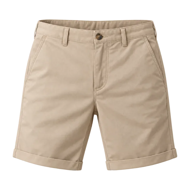 Beige chino shorts with belt loops, front pockets and a button closure