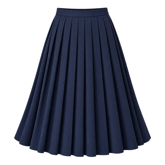 Navy pleated skirt with a fitted waistband and flared shape