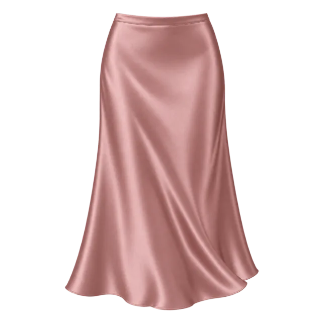 Pink satin-style skirt with a smooth waistband and draped hem
