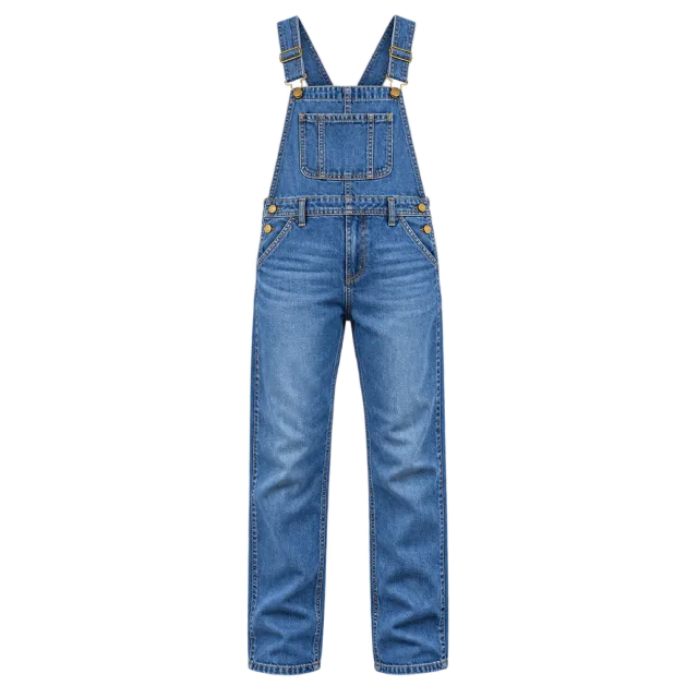 Blue denim overalls with adjustable straps and a front bib pocket