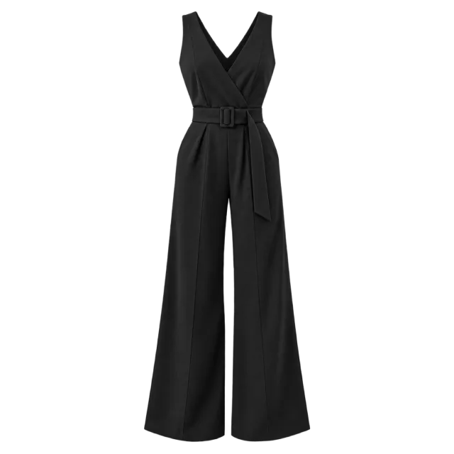 Black sleeveless tailored jumpsuit with a V-neck and tied waist