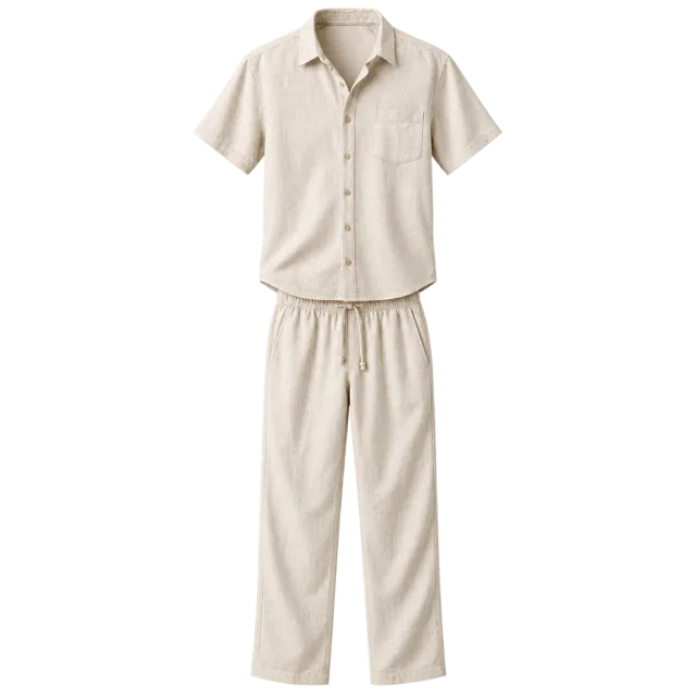 Cream two-piece outfit with a short-sleeve collared top and drawstring trousers