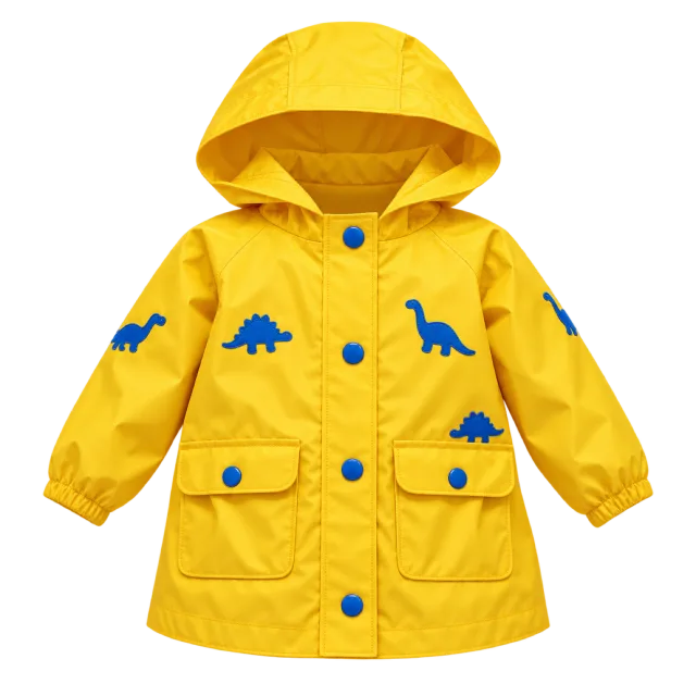Yellow children's hooded raincoat with blue dinosaur motifs and blue buttons