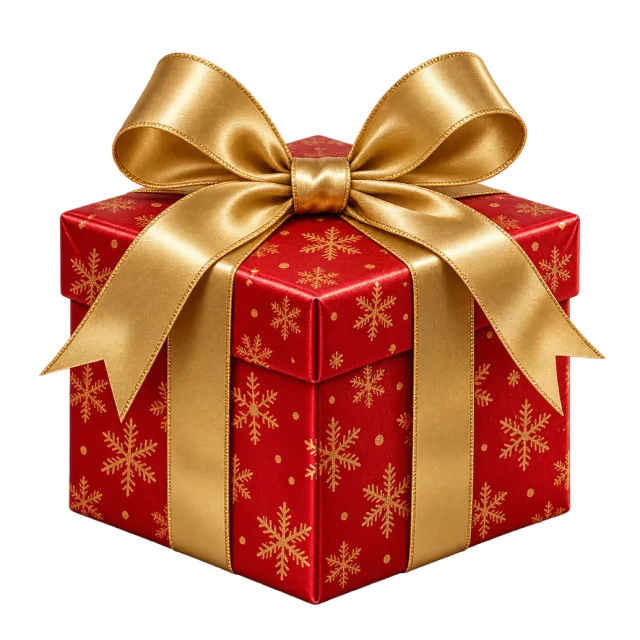 A red gift box patterned with gold snowflakes and tied with a gold ribbon
