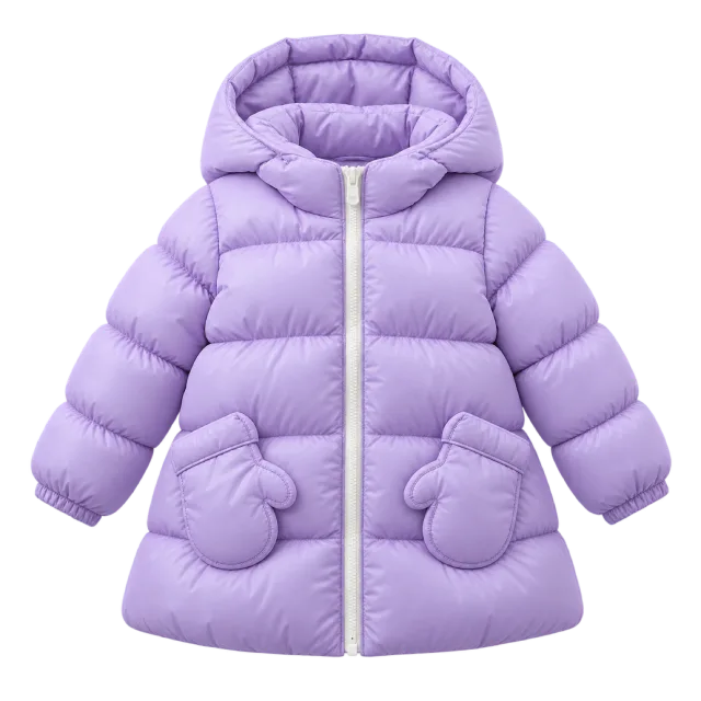 Purple children's puffer coat with a padded hood and front pockets