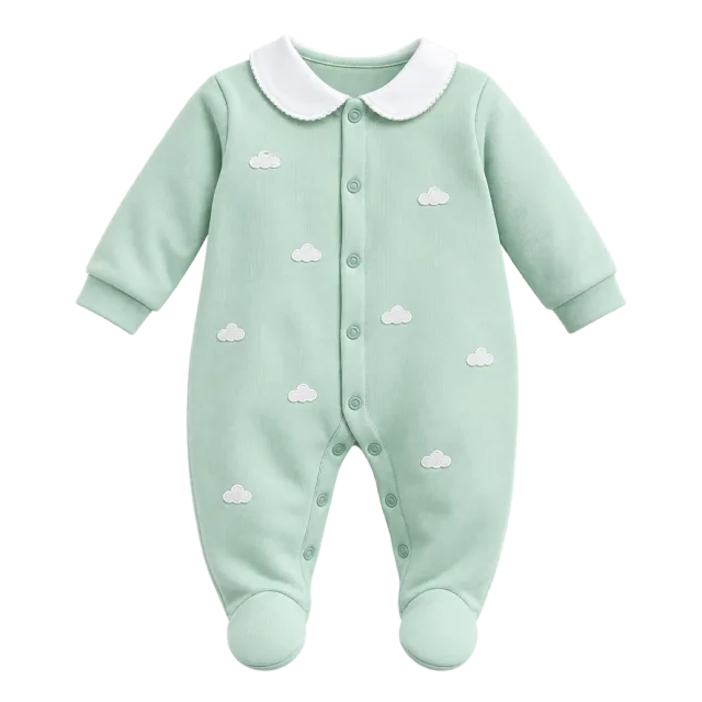 Mint baby romper with a white collar and small white cloud motifs