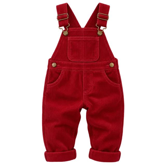 Red children's dungarees with adjustable straps and a front bib pocket