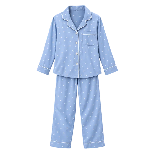 Blue pajama set with a collared button-front top and matching trousers