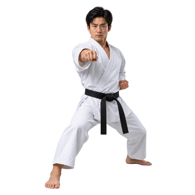 Practitioner in a white karate uniform and black belt with one fist extended in a wide stance