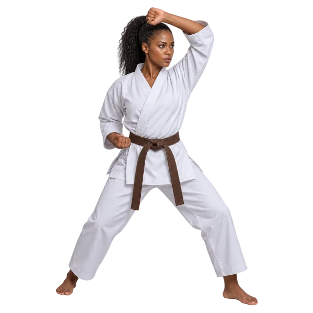Practitioner in a white uniform and brown belt raising one forearm above the head