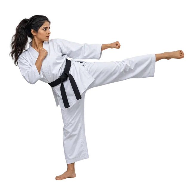Practitioner in a white uniform and black belt extending one leg in a high side kick