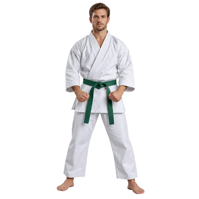 Practitioner in a white uniform and green belt standing with fists beside the hips