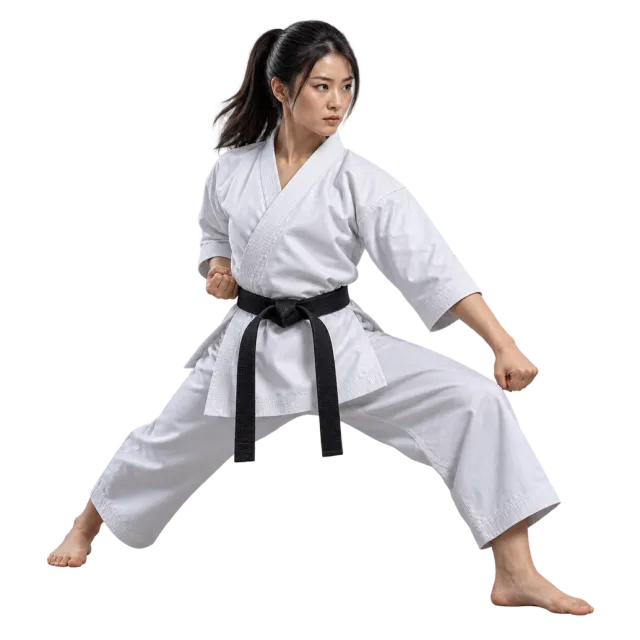Practitioner in a white uniform and black belt in a wide stance with one arm lowered