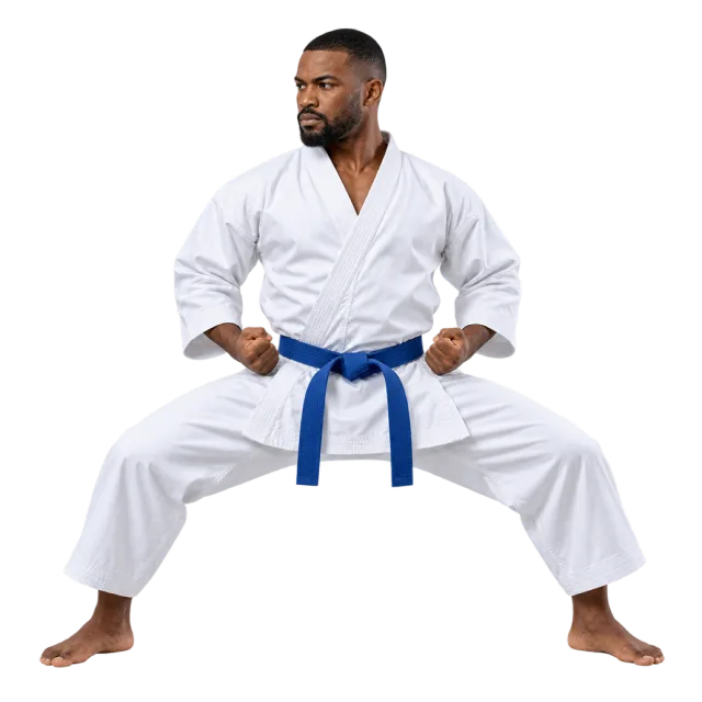 Practitioner in a white uniform and blue belt holding a low horse stance