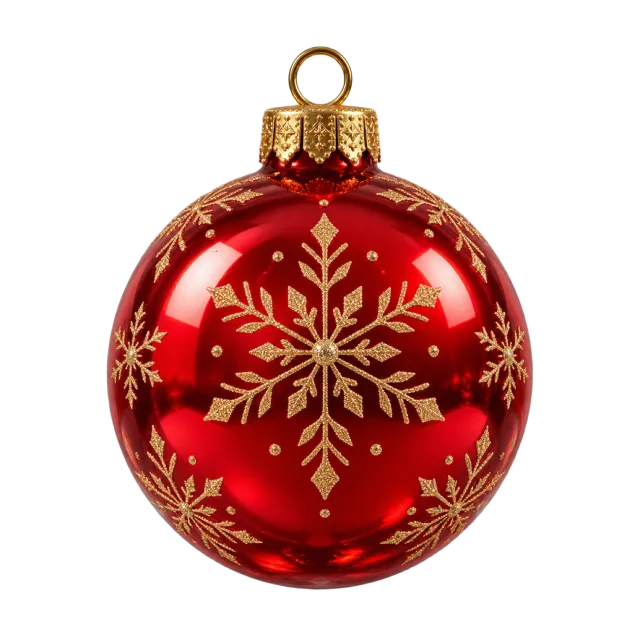 A shiny red hanging bauble decorated with a large gold snowflake