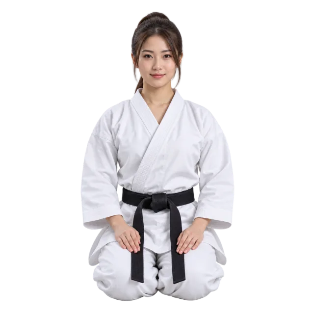 Practitioner in a white uniform and black belt kneeling with hands resting on the thighs