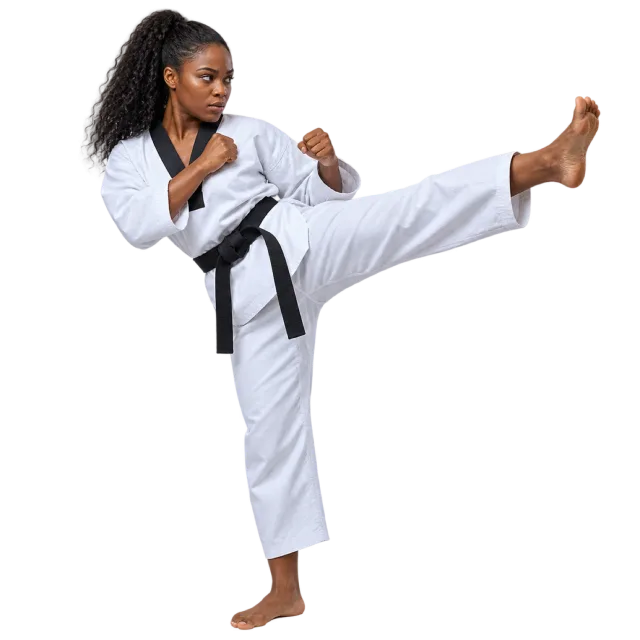 Practitioner in a white uniform and black belt extending one bare foot in a forward kick