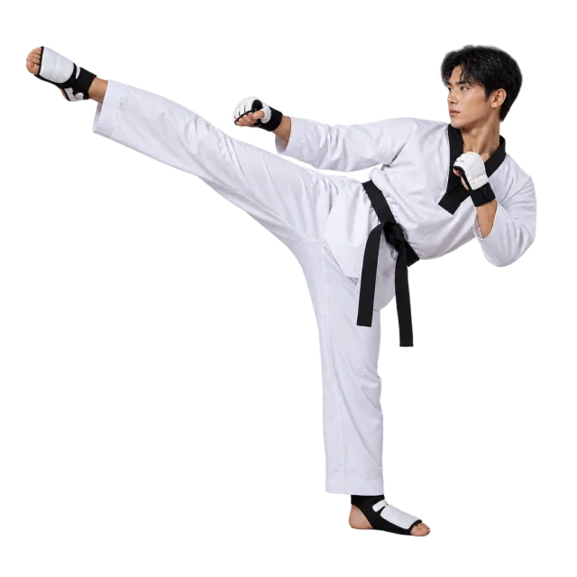 Practitioner in a white uniform and black belt performing a high side kick with padded hands and feet