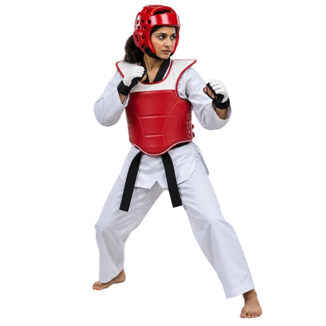 Taekwondo practitioner wearing a red headguard and chest protector with hands raised