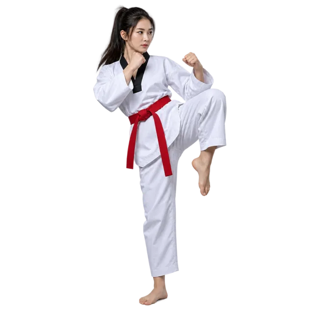 Practitioner in a white uniform and red belt raising one knee with fists up