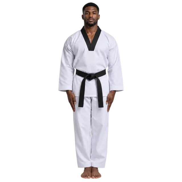 Practitioner in a white black-collar uniform and black belt standing upright