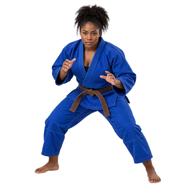 Judo practitioner in a blue gi and brown belt in a low ready stance