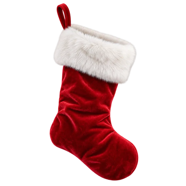A red velvet stocking with a plush white cuff and hanging loop
