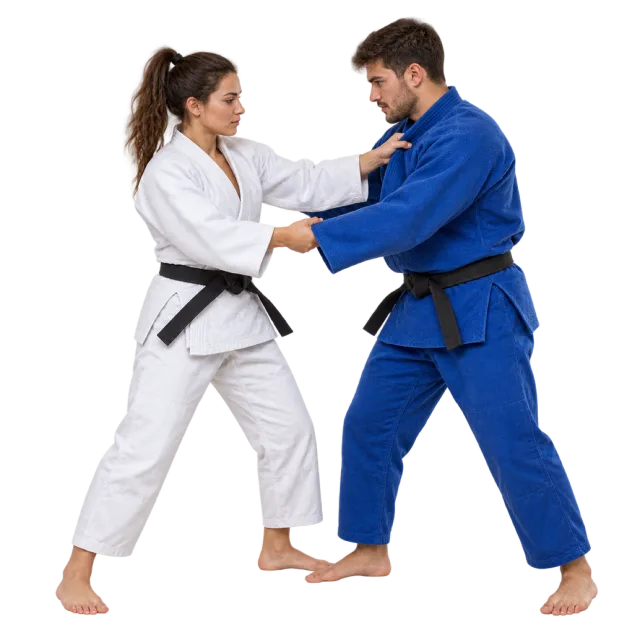 Two judo practitioners in white and blue uniforms practicing jacket grips