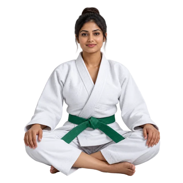 Practitioner in a white gi and green belt sitting cross-legged