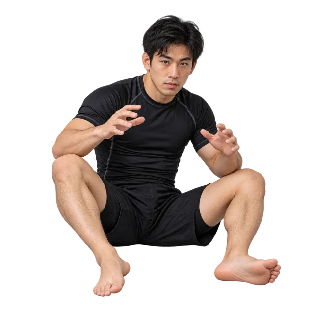 Practitioner in a black training top and shorts sitting with knees bent and hands raised