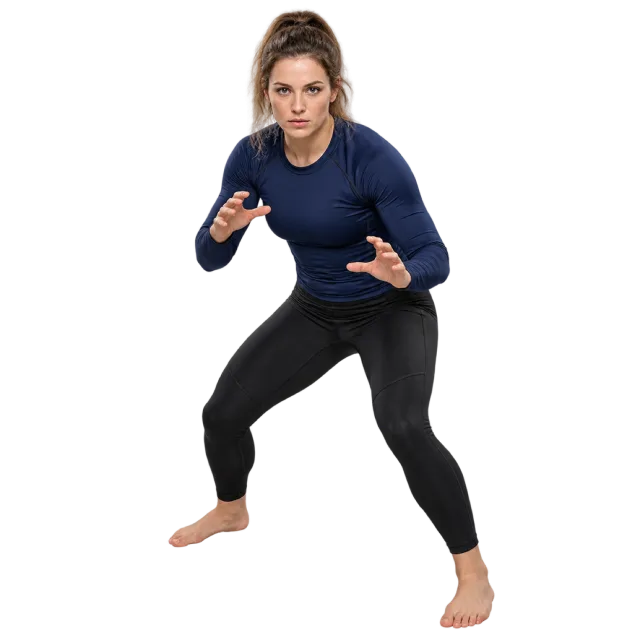 Practitioner in a navy training top and black leggings in a crouched ready stance