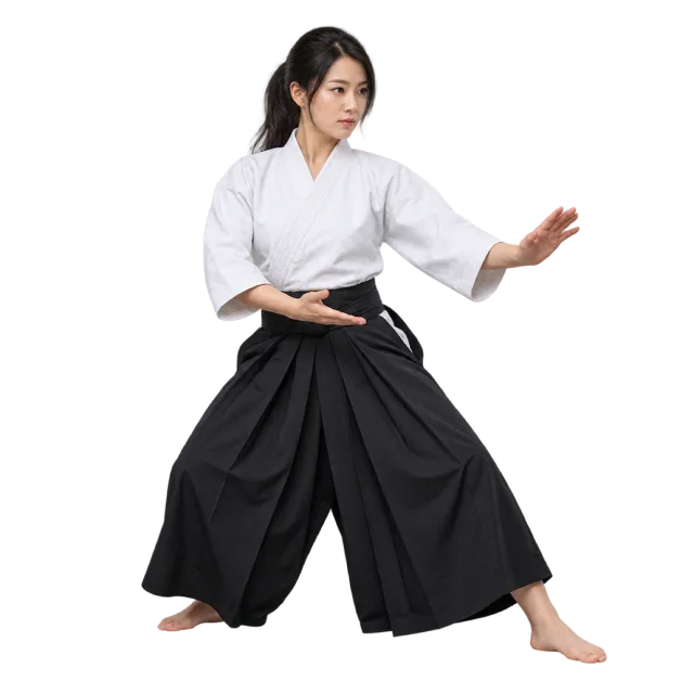 Aikido practitioner in a white jacket and black hakama with open hands extended