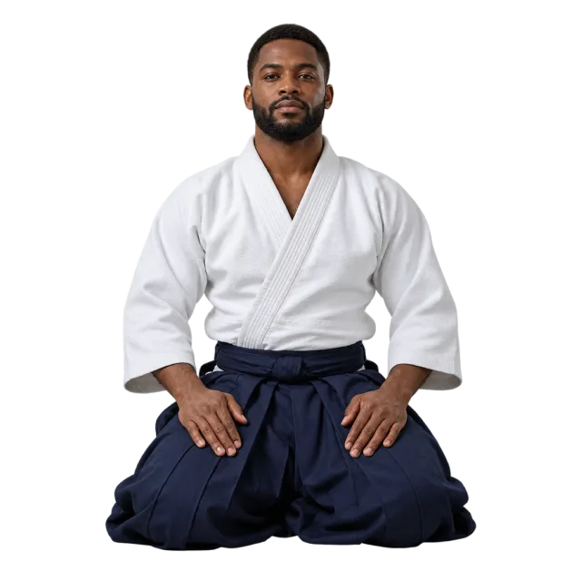 Aikido practitioner in a white jacket and navy hakama kneeling upright