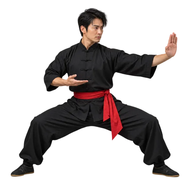 Kung fu practitioner in a black uniform and red sash holding a wide stance with an open palm