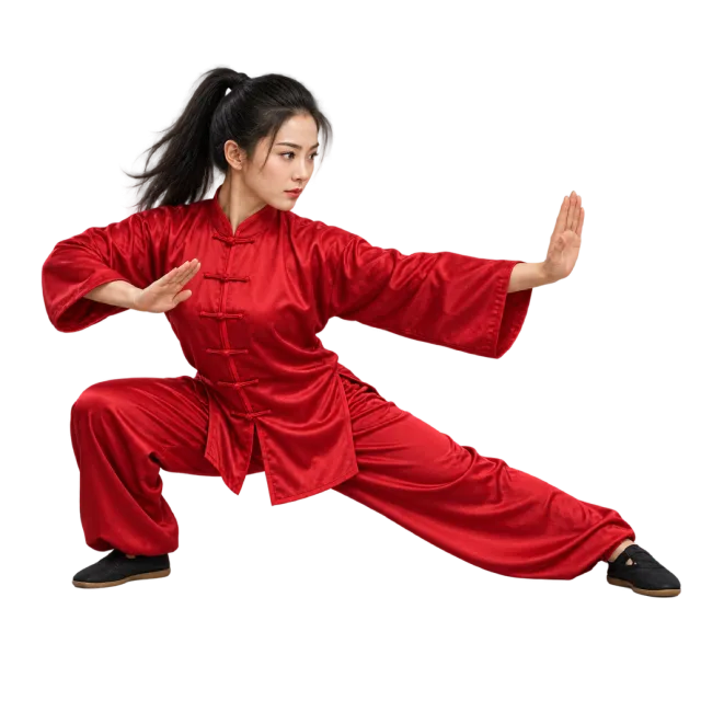 Kung fu practitioner in a red uniform in a low side stance with one palm extended
