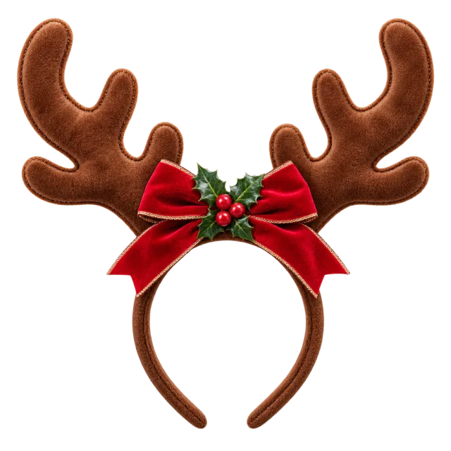A brown antler headband decorated with a red bow and holly berries