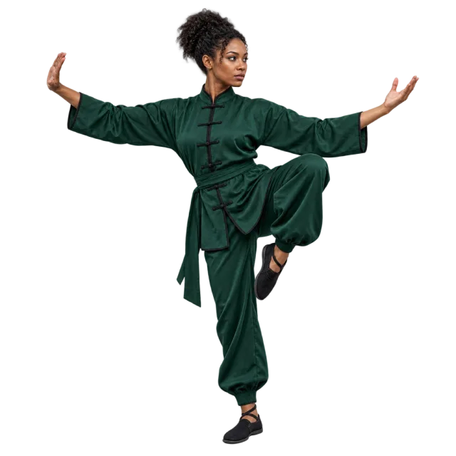 Kung fu practitioner in a dark green uniform balancing on one leg with both arms extended