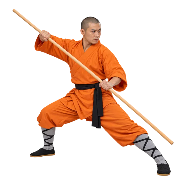 Practitioner in an orange uniform and black sash holding a long wooden staff diagonally
